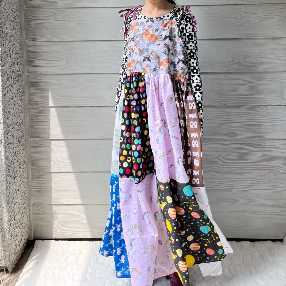 Arcade Dress | Handmade Tie At Shoulder Quilted Dress SKU 05047 Cats/Rainbow - Picture 4 of 16
